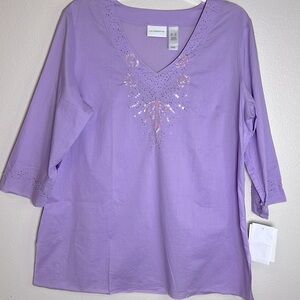 LizClaiborne Tunic Top Women XL NEW‎ 3/4Sleeve Beads Sequins Fairycore Boho Read